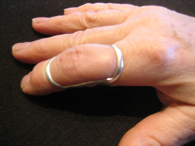 Silver ring on index finger